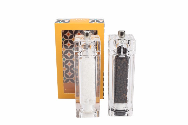 Acrylic Square Salt and Pepper Mill Set with T & G mechanism, stylish design, 150mm high, perfect for seasoning meals.