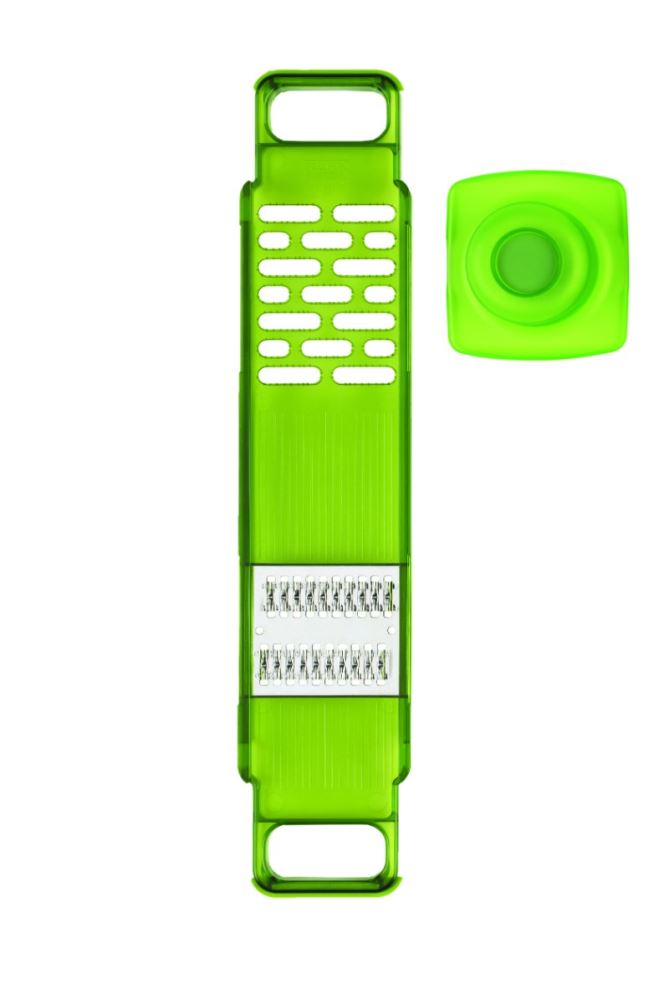 Green Grater and Julienne Mandolin Slicer with hand guard, non-slip base, grates and slices fruits, veggies, and cheese.