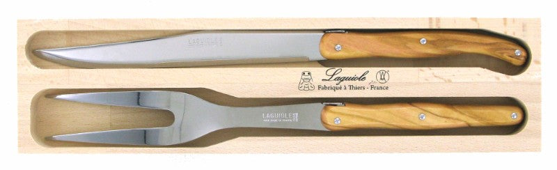 Olive Wood Carving Set featuring stainless steel blades and elegant olive wood handles, ideal for chefs and culinary enthusiasts.
