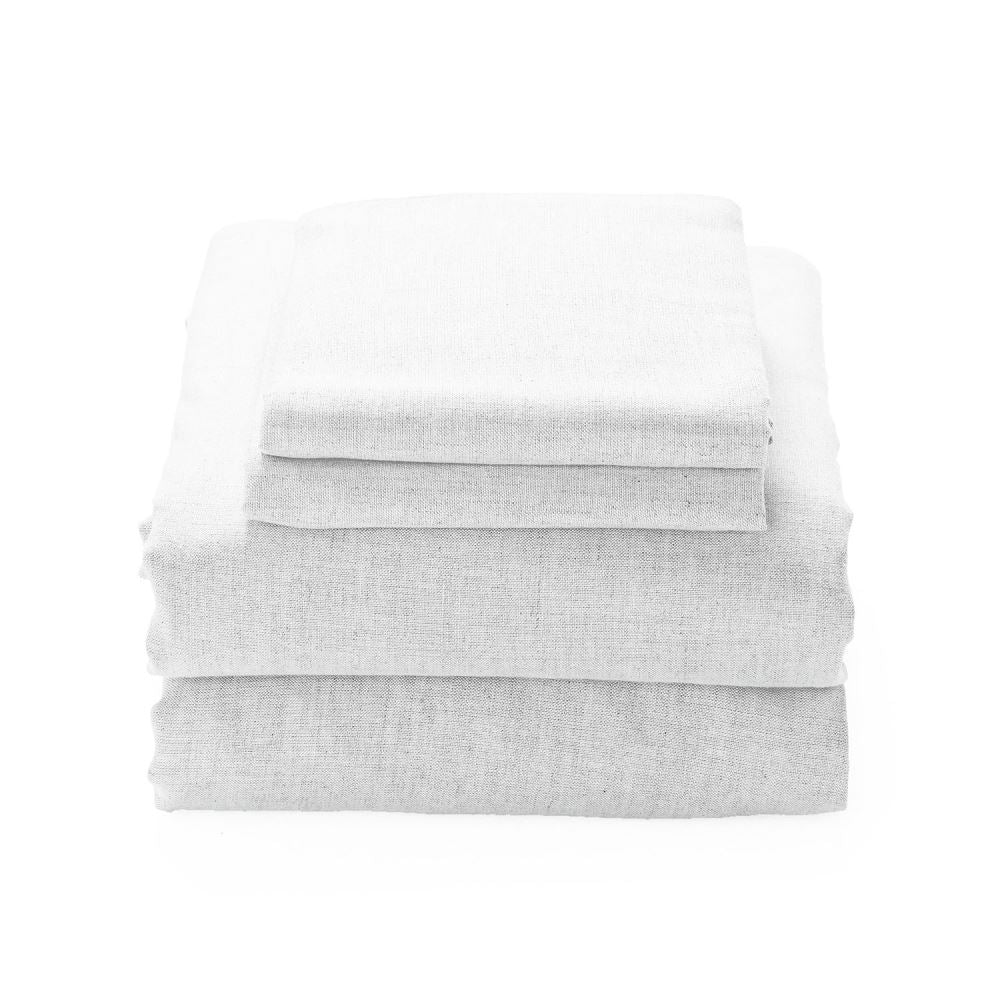 King bed sheet set with vintage design, made of linen and cotton, includes flat, fitted sheets, and pillowcases.