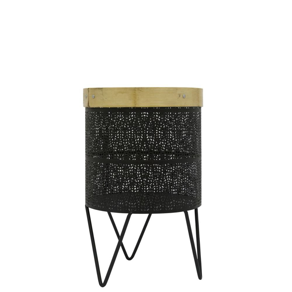 Small black metal planter with legs, measuring 205x205x325mm, perfect for indoor plants.