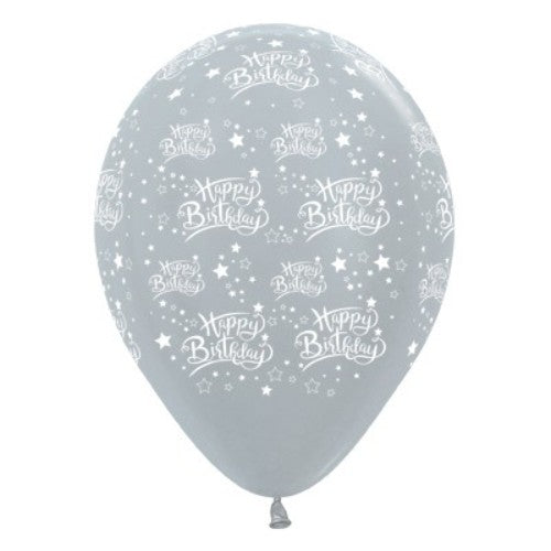 Pack of 6 silver metallic pearl balloons, 30cm, featuring happy birthday stars for elegant party decor.