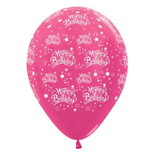 Pack of 6 fuchsia metallic birthday star balloons, each 30cm, perfect for vibrant party decorations and joyful celebrations.