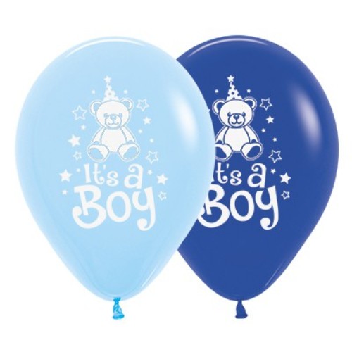 30cm It's A Boy teddy balloons in royal blue and pastel blue, perfect for baby showers and gender reveals, pack of 25.