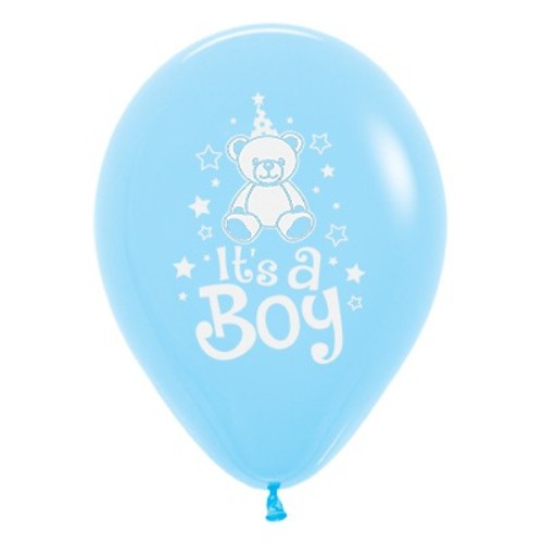 30cm pastel blue latex balloons with teddy bear designs, perfect for celebrating a baby boy's arrival. Pack of 6.