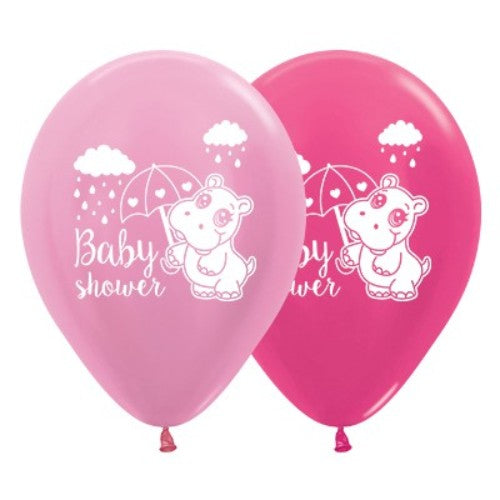 Pack of 25 pink and fuchsia metallic latex balloons for baby showers, perfect for celebrations and gender reveals.