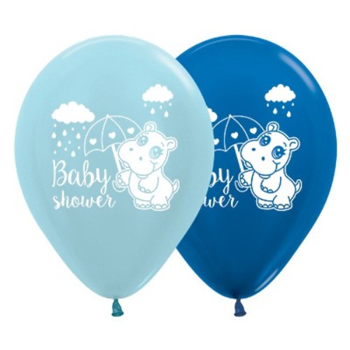 Vibrant 30cm baby shower balloons in hippo blue and dark blue metallic, perfect for festive celebrations and party decorations.