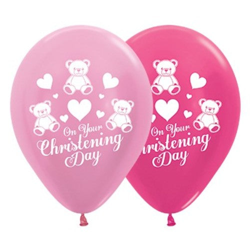 Pack of 6 pastel pink and fuchsia metallic balloons, perfect for elegant christening or baby shower decorations.