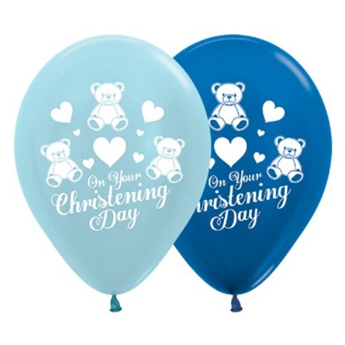 30cm blue and dark blue metallic balloons in a pack of 6, perfect for christening celebrations and elegant decor.