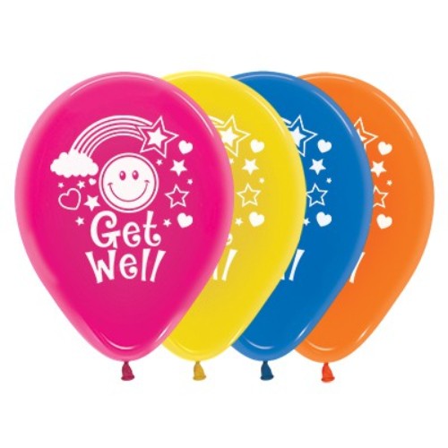 30cm pack of 25 vibrant latex balloons with smiley faces, perfect for brightening get well wishes and celebrations.