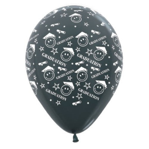30cm graphite metallic latex balloons with smiley faces, perfect for adding joy to graduation celebrations. Pack of 6.