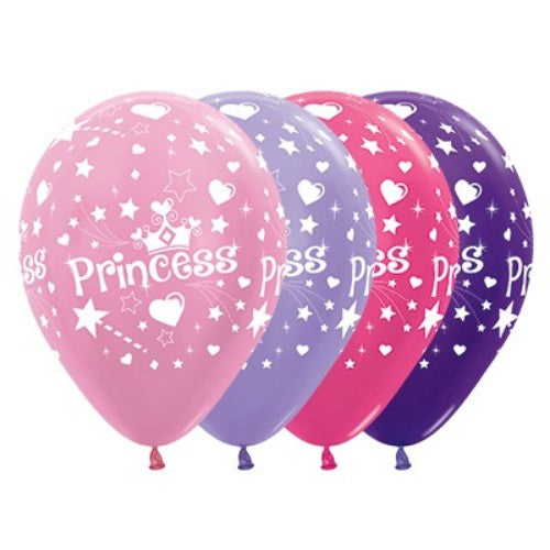 30cm pack of 25 pearl metallic latex balloons in pink, lilac, fuchsia, and purple for princess-themed parties.