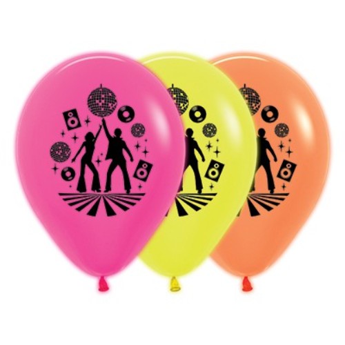 Vibrant 30cm fuchsia, yellow, and orange neon latex balloons in a pack of 25, perfect for disco-themed celebrations.