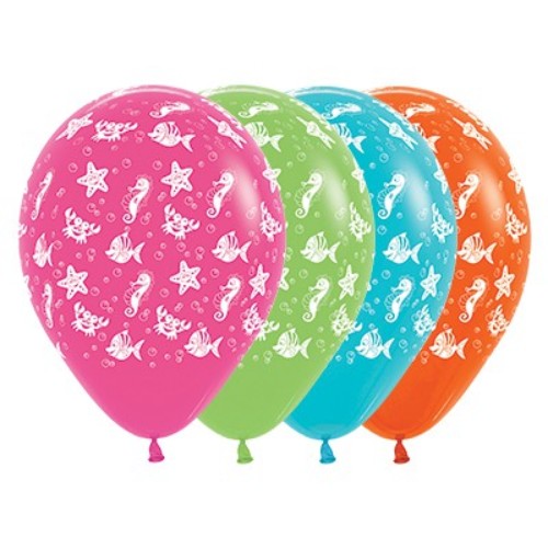 Vibrant 30cm tropical sea creature balloons in fuchsia, lime green, blue, and orange, perfect for ocean-themed celebrations.