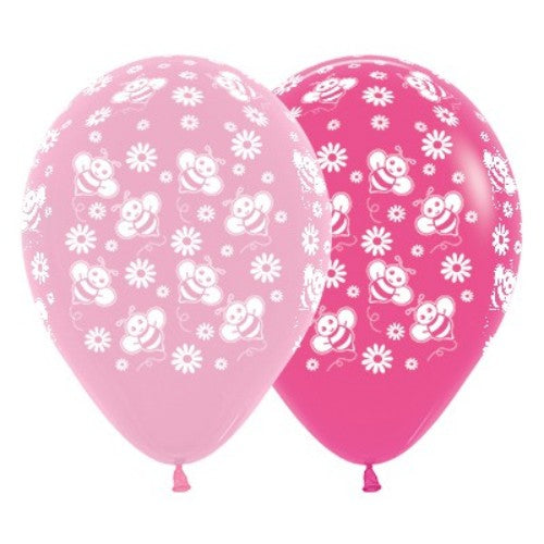 Vibrant pack of 25 pink and fuchsia balloons featuring bumble bees and flowers, perfect for festive celebrations and events.