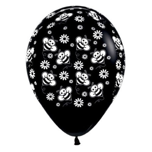 30cm black balloons decorated with bumble bees and flowers, perfect for parties or events, pack of 6.