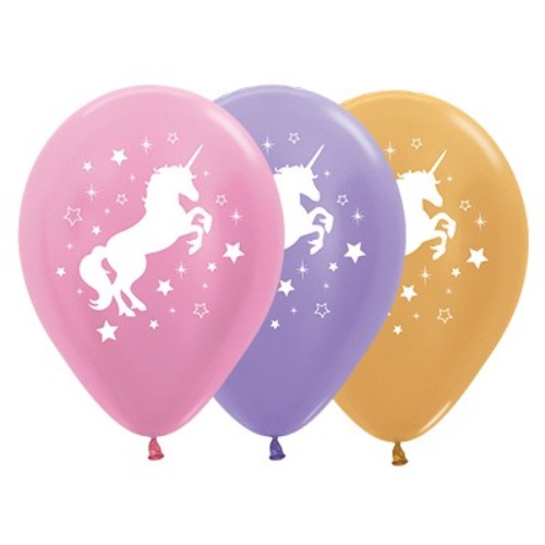 30cm pack of 25 pink, lilac, and gold unicorn balloons with sparkles and stars, perfect for themed celebrations.