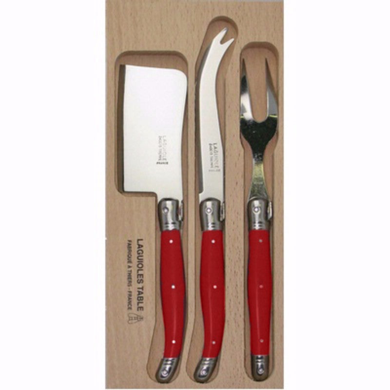 Bright red 3-piece cheese knife set with stainless steel blades and resin handles, featuring the Laguiole Bee emblem.