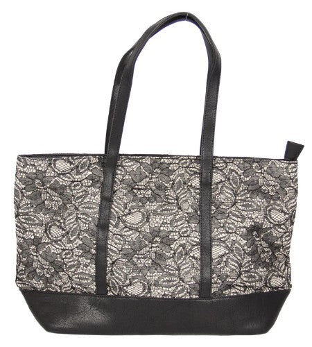 Chic cream and black lace and PU bag, combining style and functionality for any occasion.