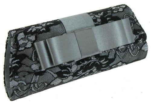 Elegant grey satin and black lace clutch with bow tie detail, versatile chain, ideal for parties or nights out.