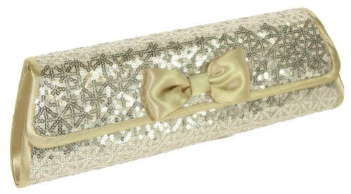 Elegant gold satin clutch with sequins, bow detail, detachable handle, and shoulder chain; perfect for special occasions.