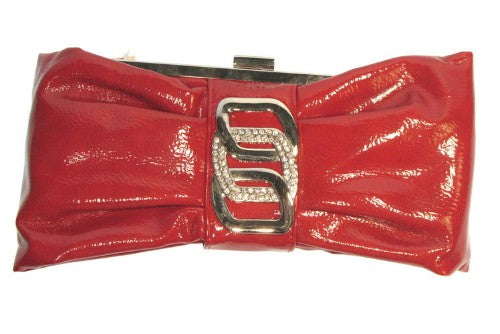 Chic red clutch with interlock buckle, detachable chain, and dimensions 28cm x 13.5cm x 3cm, perfect for any occasion.