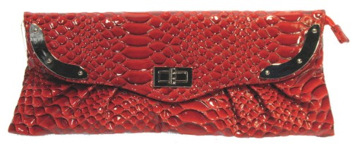 Red snake skin clutch featuring a unique texture, perfect for elevating any outfit on evening outings or special occasions.