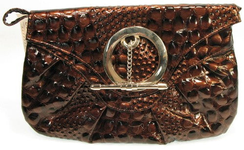 Chic brown evening bag with a unique circle-fob fastener, designed for elegance and functionality for special occasions.