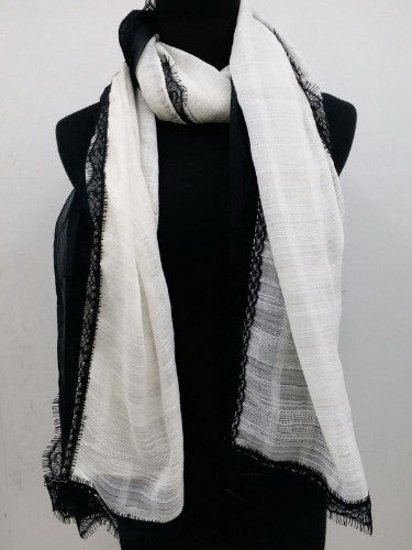 Black Lace Edge Scarf featuring delicate lace trim, soft blend, and versatile 94 x 180cm size for elegant layering.