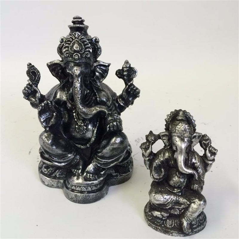 Ganesha Silver ornament stands 6cm x 9cm, intricately designed from durable polyresin for home and garden decor.