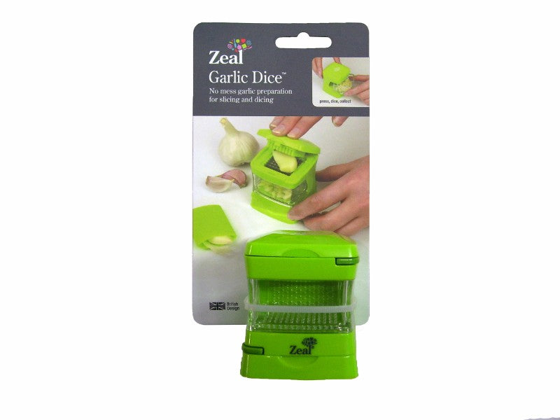 ZEAL Garlic Dicer: a compact kitchen tool for quick, mess-free slicing and dicing of garlic, with a peeler and clear storage bin.