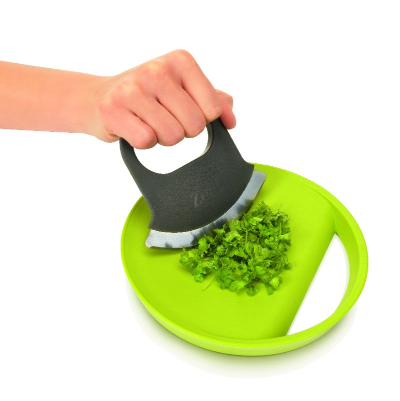 Herb Slice and Slide Kit for effortless herb chopping and transfer, featuring a non-slip base and magnetic blade storage.