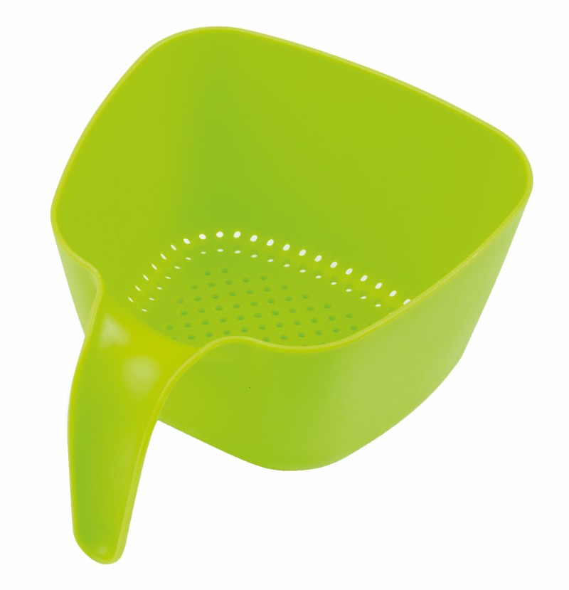Large green colander with easy-hold handle, stackable design, and easy pour corners, ideal for draining food.