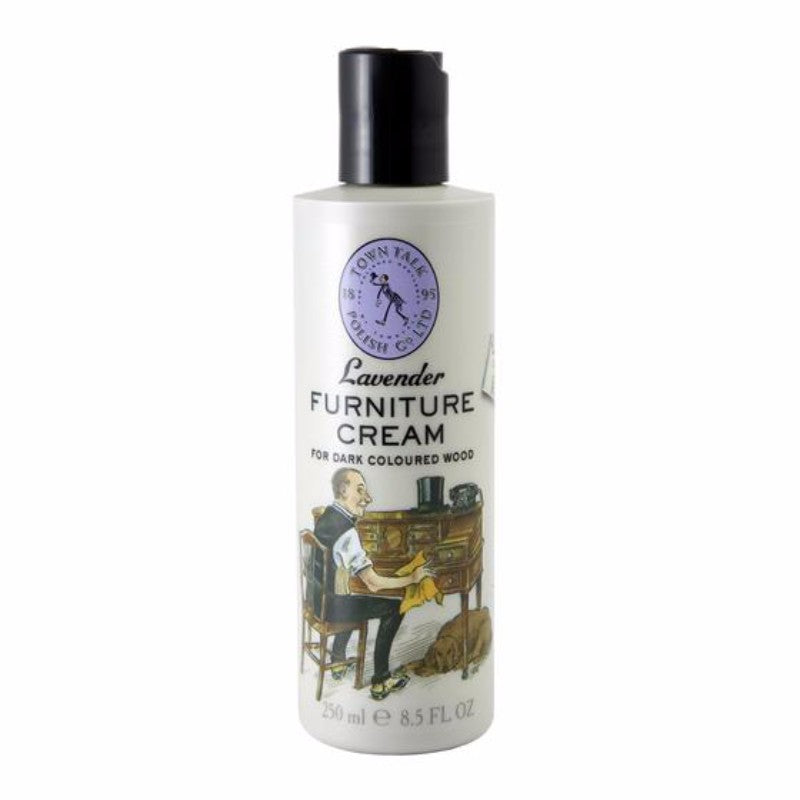 Lavender Dark Wood Furniture Cream in a 250ml bottle, nourishes wood and enhances luster while imparting a calming lavender scent.