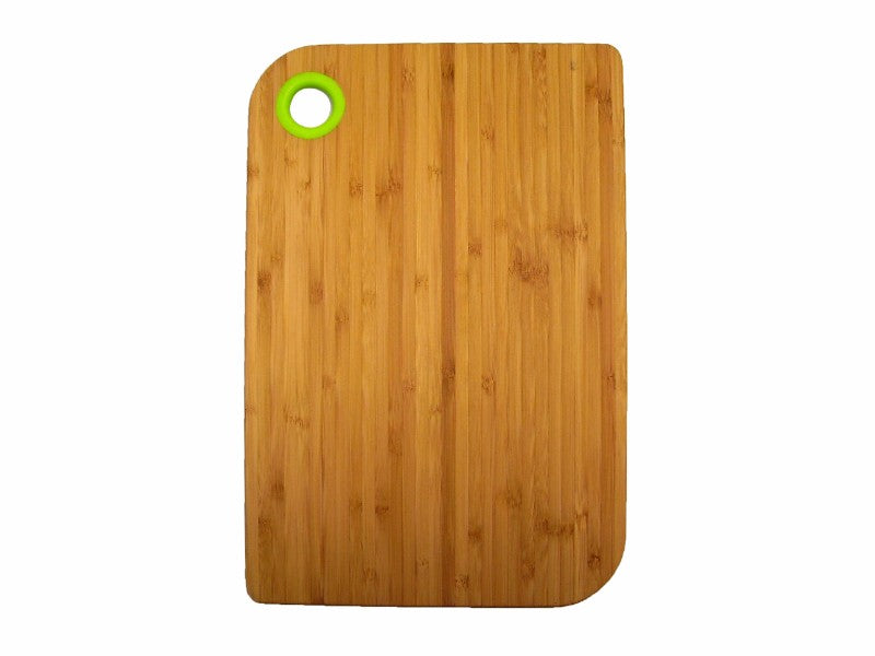 Large bamboo cutting board with vibrant green silicone trim, non-slip surface, 200 x 300mm, eco-friendly and stylish.
