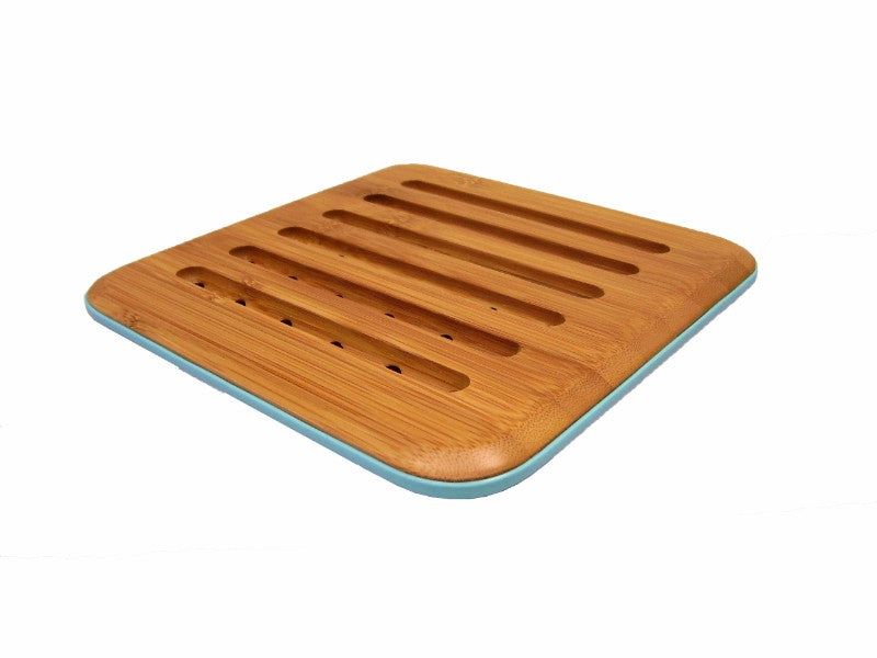 Bamboo trivet with stylish blue trim, eco-friendly, 200x200mm, protects surfaces from hot cookware, perfect for any kitchen.