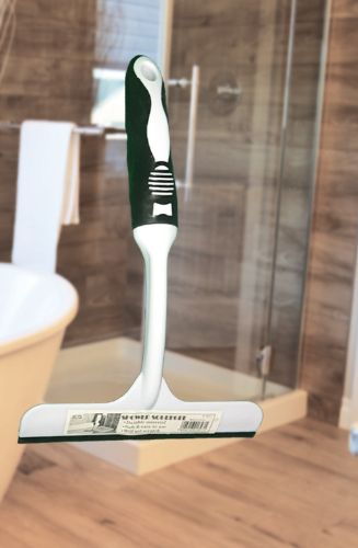 Set of 4 compact shower squeegees with ergonomic grip for streak-free cleaning of glass and tiles.