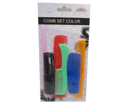 Colorful 12-piece comb set in three units, ideal for diverse hair types, styling, and detangling. Perfect for salons and travel.