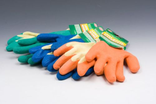 Set of 3 latex-dipped work and garden gloves in assorted colors, providing grip and protection for DIY and gardening tasks.