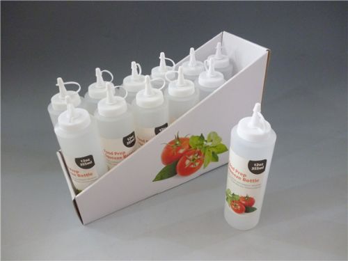 Set of 12 BPA-free 355ml squeeze bottles for sauces, dressings, and toppings with precision tips for controlled dispensing.