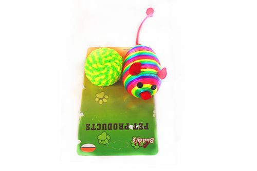 Colorful set of 4 cat toys including a feather wand, plush mouse, crinkle ball, and jingly bell for interactive play.