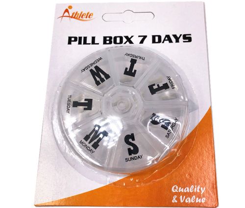 Weekly pill organizer with seven colorful compartments for easy medication management and convenience.