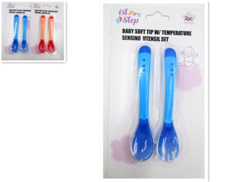 Color-changing baby utensil set with soft tips, 13cm long, designed for safe self-feeding for infants and toddlers.