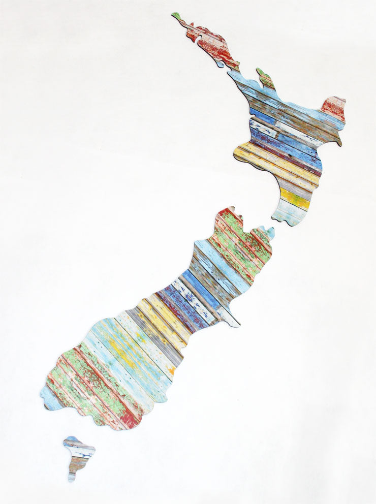 NZ Map wall art featuring a rustic timber design, crafted from durable aluminum composite material, ready to hang.
