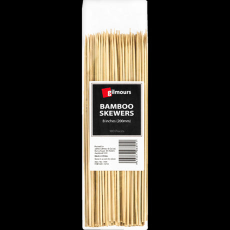 Gilmours 8-inch bamboo skewers in a 100-pack, perfect for grilling kabobs, appetizers, and eco-friendly food presentation.