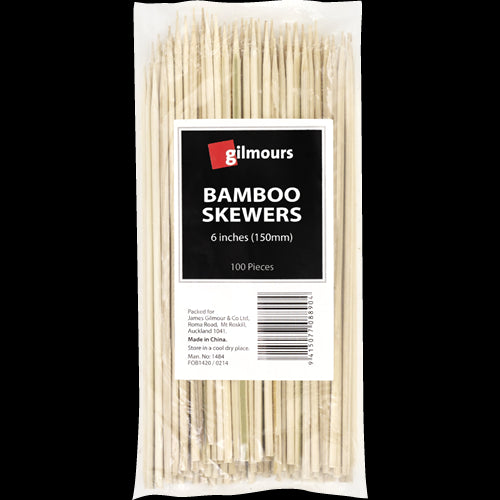 Gilmours 6-inch bamboo skewers, 100-pack, perfect for grilling, appetizers, and eco-friendly crafting.