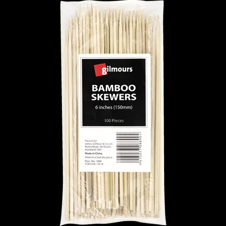 Gilmours 6-inch bamboo skewers, 100-pack, perfect for grilling, appetizers, and eco-friendly crafting.