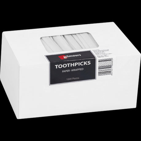 Eco-friendly Gilmours paper wrapped toothpicks, 1000-pack, perfect for oral hygiene and dining experiences.