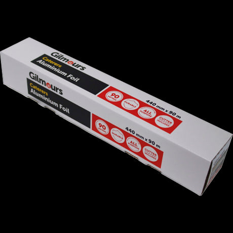 Gilmours Caterers Foil, 440mm x 90m, durable aluminum foil for versatile food storage and cooking, ideal for catering.