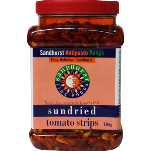 Sandhurst 2kg sun-dried tomato strips, rich in flavor, perfect for enhancing salads, pasta, and gourmet dishes.